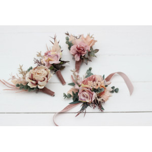  Wedding boutonnieres and wrist corsage  in dusty rose blush pink color scheme. Flower accessories. 5123