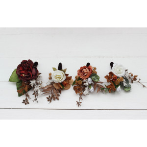 Wedding boutonnieres and wrist corsage  in white rust terracotta  color scheme. Flower accessories. 5129