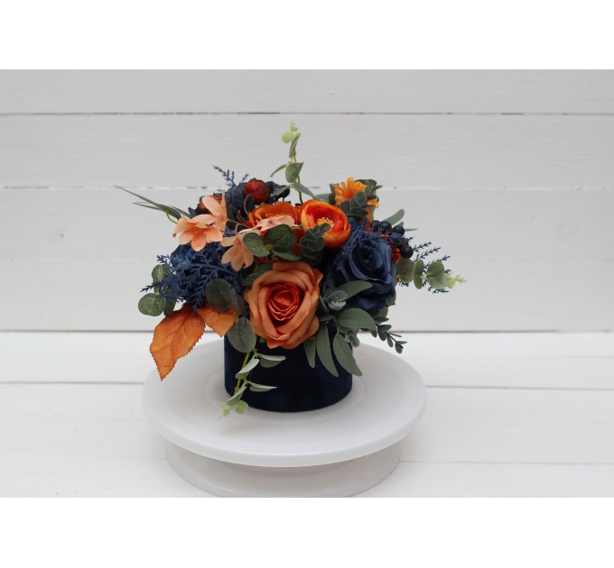 Navy blue orange centerpiece. Table decor. Wedding flowers in box. 5138