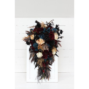 Wedding bouquets in dark teal burgundy black cream colors. Bridal bouquet. Cascading bouquet. Faux bouquet. Bridesmaid bouquet.Gothic black wedding bouquet. 5136