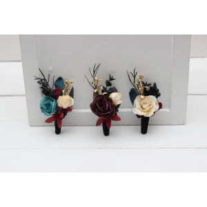  Wedding boutonnieres and wrist corsage  in dark teal burgundy black cream color scheme. Flower accessories. 5136