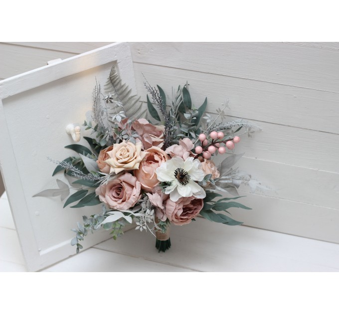 Sage green gray greenery. Blush pink beige white bridal bouquet. Faux bouquet. Wedding flowers. Boho wedding bouquet. Anemone bouquet. Bridesmaid bouquet. 5145