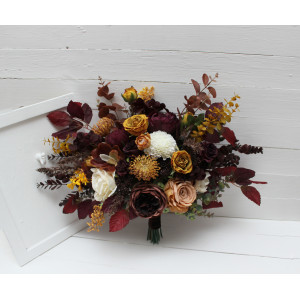 Wedding bouquets in deep purple ivory mustard colors. Bridal bouquet.  Faux bouquet. Bridesmaid bouquet. 5154