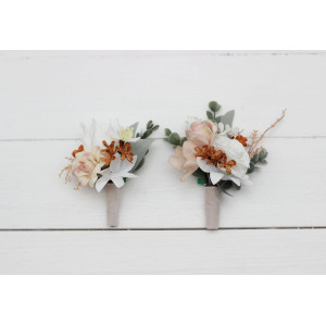  Wedding boutonnieres and wrist corsage  in beige white rust color scheme. Flower accessories. 5142