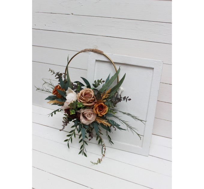 Flower hoop .Rust brown ivory colors. Alternative bridesmaid bouquet. 0019