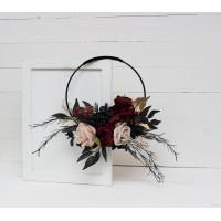 Flower hoop in Halloween colors. Alternative bridesmaid bouquet. Burgundy black gold beige wedding. 0018