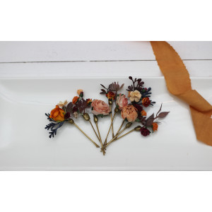  Set of  8 bobby pins in orange peach color scheme. Hair accessories. Bridesmaid hair pins. Flower accessories for wedding. 0014
