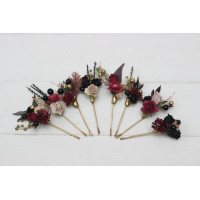  Set of 8 hair pins in  Halloween color scheme. Hair accessories. Burgundy black gold beige flower accessories for wedding. 0018