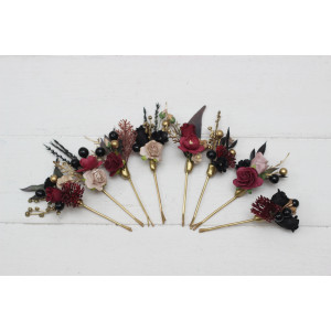  Set of 8 hair pins in  Halloween color scheme. Hair accessories. Burgundy black gold beige flower accessories for wedding. 0018