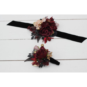  Wedding boutonnieres and wrist corsage  in Halloween color theme. Burgundy black gold beige  accessories. 0018