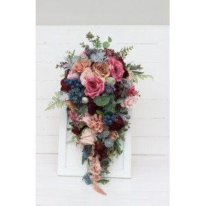 Wedding bouquets in burgundy dusty rose blue colors. Bridal bouquet. Cascading bouquet. Faux bouquet. Bridesmaid bouquet. 5188