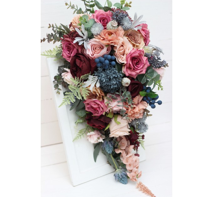 Wedding bouquets in burgundy dusty rose blue colors. Bridal bouquet. Cascading bouquet. Faux bouquet. Bridesmaid bouquet. 5188