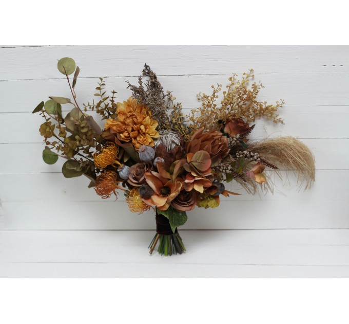 Wedding bouquets in mustard olive brown colors. Bridal bouquet. Faux bouquet. Bridesmaid bouquet. 5163