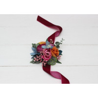  Wedding boutonnieres and wrist corsage  in orange magenta teal color scheme. Flower accessories. 5187