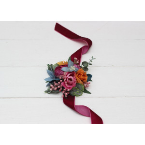  Wedding boutonnieres and wrist corsage  in orange magenta teal color scheme. Flower accessories. 5187