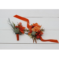  Wedding boutonnieres and wrist corsage  in rust burgundy color scheme. Flower accessories. 5161