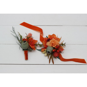  Wedding boutonnieres and wrist corsage  in rust burgundy color scheme. Flower accessories. 5161