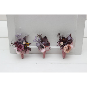  Wedding boutonnieres and wrist corsage  in mauve purple beige color scheme. Flower accessories. 5180