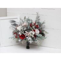 Wedding bouquets in red blush pink white silver gray colors. Bridal bouquet. Faux bouquet. Bridesmaid bouquet. Winter wedding. 5183