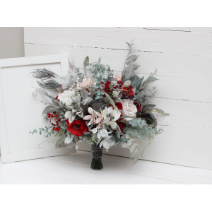 Wedding bouquets in red blush pink white silver gray colors. Bridal bouquet. Faux bouquet. Bridesmaid bouquet. Winter wedding. 5183