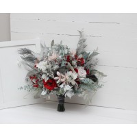 Wedding bouquets in red blush pink white silver gray colors. Bridal bouquet. Faux bouquet. Bridesmaid bouquet. Winter wedding. 5183