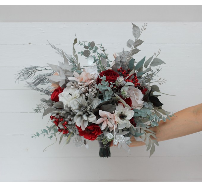 Wedding bouquets in red blush pink white silver gray colors. Bridal bouquet. Faux bouquet. Bridesmaid bouquet. Winter wedding. 5183