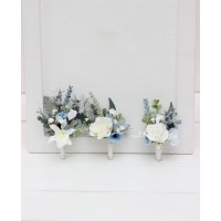  Wedding boutonnieres and wrist corsage  in sky blue white color scheme. Flower accessories. 5182