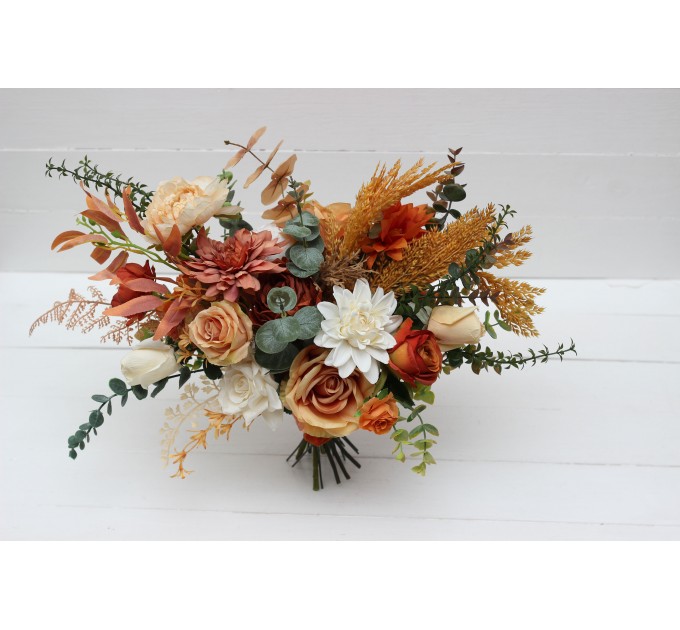 Wedding bouquets in rust orange cream colors. Bridal bouquet. Faux bouquet. Bridesmaid bouquet. 5178