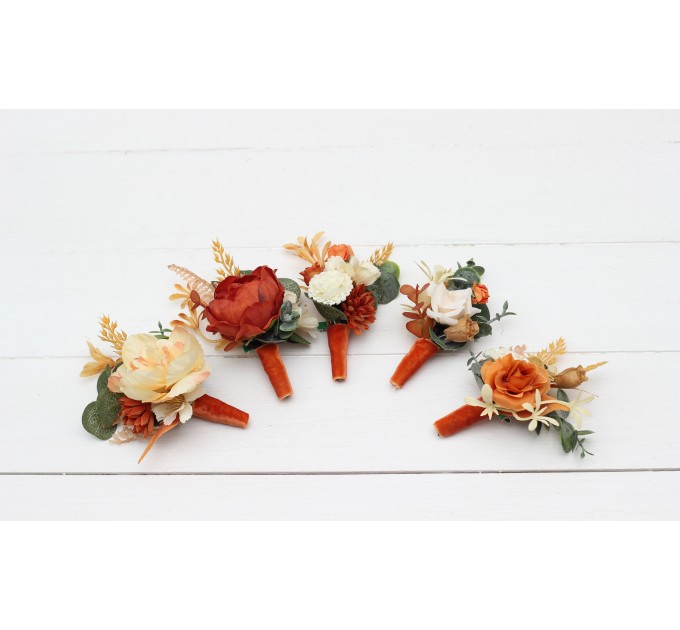  Wedding boutonnieres and wrist corsage  in rust cream color scheme. Flower accessories. 5178