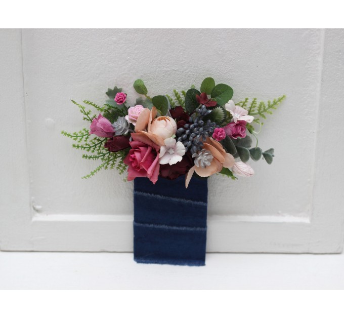 Pocket boutonniere in burgundy dusty rose blue  color scheme. Flower accessories. 5188