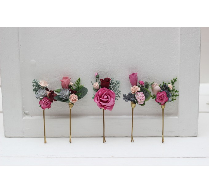  Set of 5 bobby pins in  dusty rose burgundy blue color scheme. Hair accessories. Flower accessories for wedding.  5188