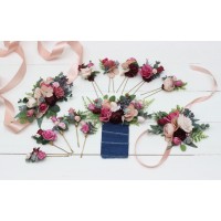  Wedding boutonnieres and wrist corsage  in dusty rose burgundy blue color scheme. Flower accessories. 5188