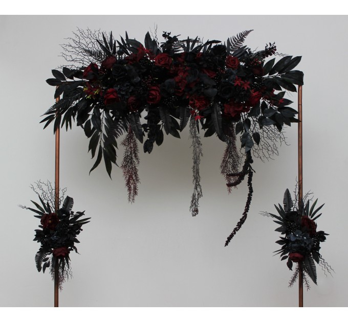  Flower arch arrangement in black and  burgundy colors.  Arbor flowers. Floral archway. Faux flowers for wedding arch. Halloween wedding. 5197
