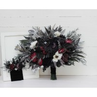 Faux bouquet. Deep purple black silver white anemone flowers. Fall bridal bouquet. Faux bouquet. Halloween wedding.Gothic black wedding bouquet. 5125