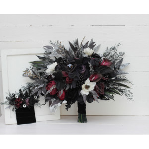 Faux bouquet. Deep purple black silver white anemone flowers. Fall bridal bouquet. Faux bouquet. Halloween wedding.Gothic black wedding bouquet. 5125