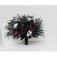 Faux bouquet. Deep purple black silver white anemone flowers. Fall bridal bouquet. Faux bouquet. Halloween wedding.Gothic black wedding bouquet. 5125