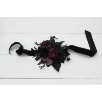  Wedding boutonnieres and wrist corsage  in black and purple color scheme. Flower accessories. 5070