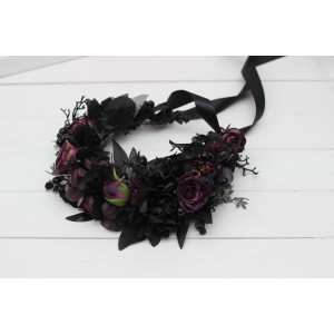Large black purple flower crown for Halloween. dramatic hair wreath. Gothic flower crown. Dark wedding flowers. 5070
