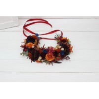 Rust orange burgundy blue flower crown. Hair wreath. Flower girl crown. Wedding flowers. 0043