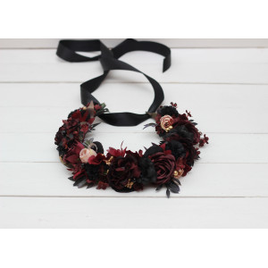 Burgundy beige black gold flower crown. Hair wreath. Flower girl crown. Halloween wedding. 0018