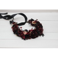 Burgundy beige black gold flower crown. Hair wreath. Flower girl crown. Halloween wedding. 0018