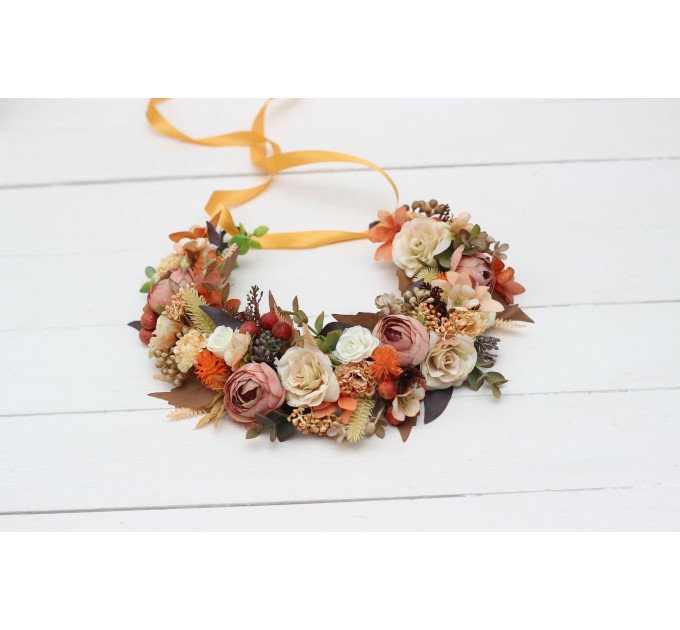 Orange ivory rust terracotta  flower crown. Hair wreath. Flower girl crown. Wedding flowers. 0029