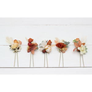  Set of  5 hair pins in rust ivory terracotta color scheme. Hair accessories. Flower accessories for wedding.  0029