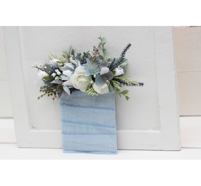 Pocket boutonniere in dusty blue white color scheme. Flower accessories. 5200