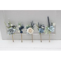  Set of  5 bobby pins in  dusty blue white  color scheme. Hair accessories. Flower accessories for wedding.  5200