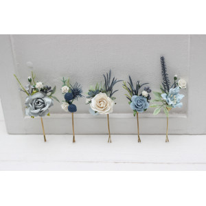  Set of  5 bobby pins in  dusty blue white  color scheme. Hair accessories. Flower accessories for wedding.  5200-0508