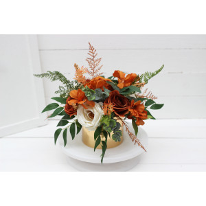 Burnt orange ivory rust emerald green centerpiece. Table decor. Wedding flowers in box. 5201