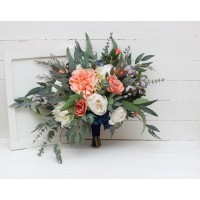 Wedding bouquets in navy blue coral ivory colors. Bridal bouquet. Faux bouquet. Bridesmaid bouquet. 5084