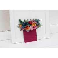 Pocket boutonniere.  Jewel-tone wedding. Emerald green orange magenta teal flowers. Flower accessories. 5187