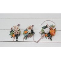  Wedding boutonnieres and wrist corsage  in rust ivory sage green color scheme. Flower accessories. 5210